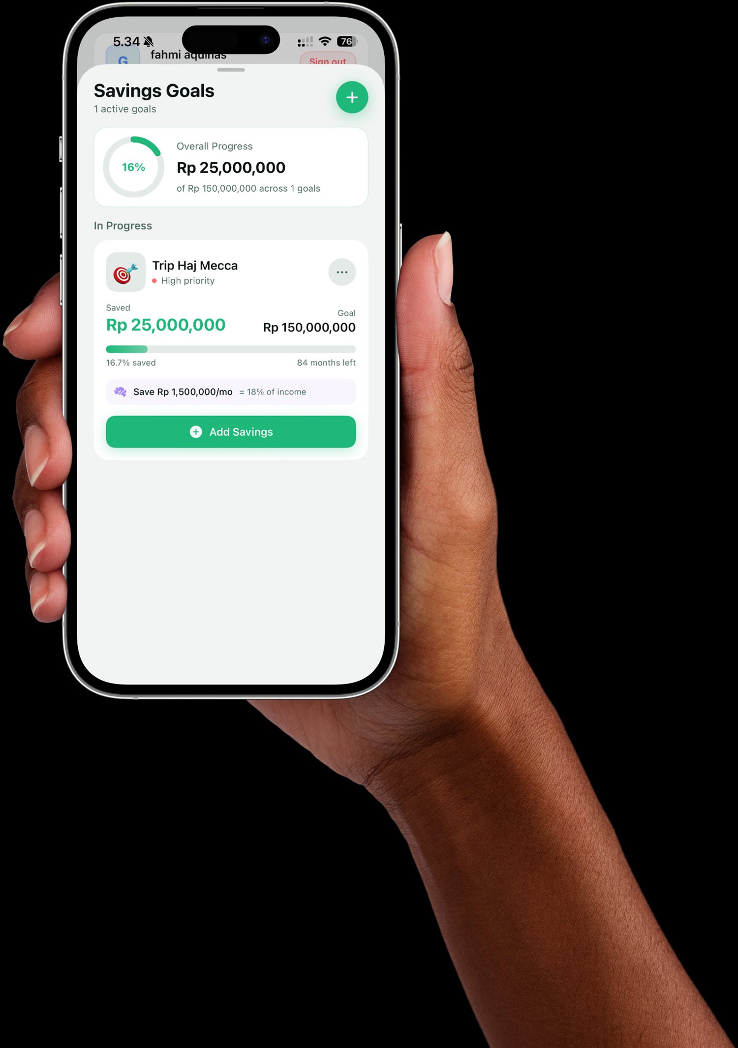 Layar Savings Goals di aplikasi DiPo