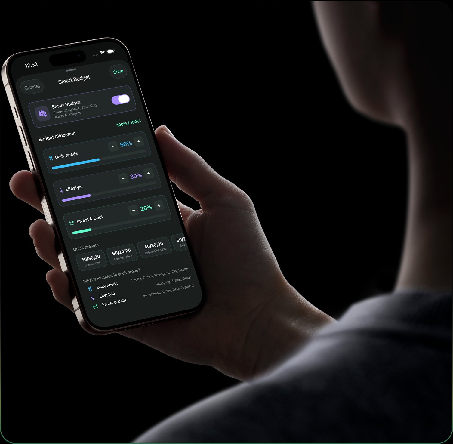 Layar Smart Budget dengan slider alokasi